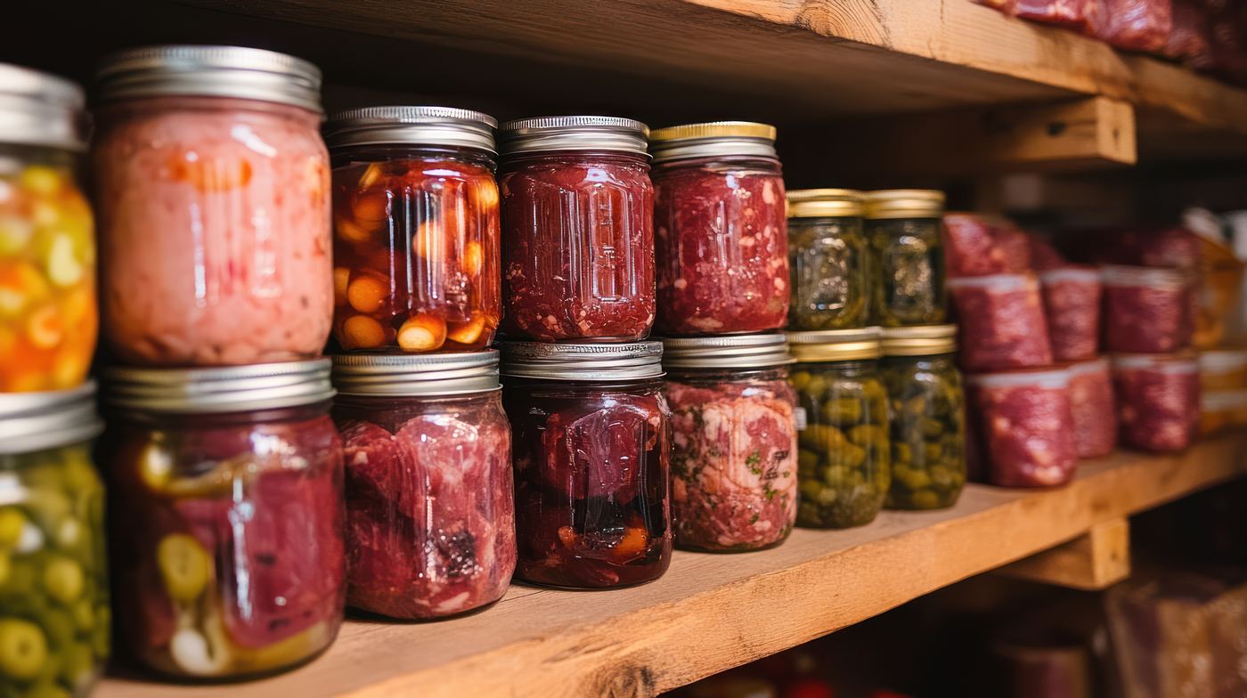 A pantry shelf of jars, tins and bottles