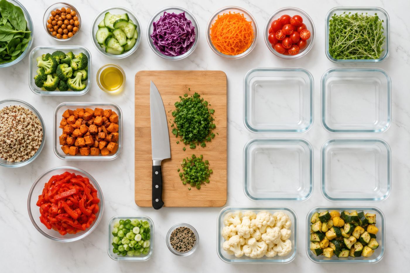 Organised meal-prep containers of vegetables, grains, and proteins